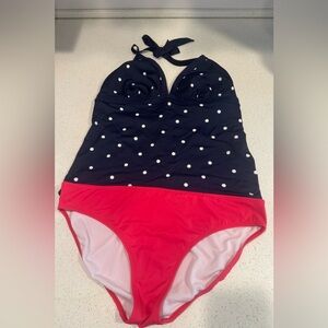 Boden Navy and White Polka Dot & Hot Pink Tankini Swimsuit